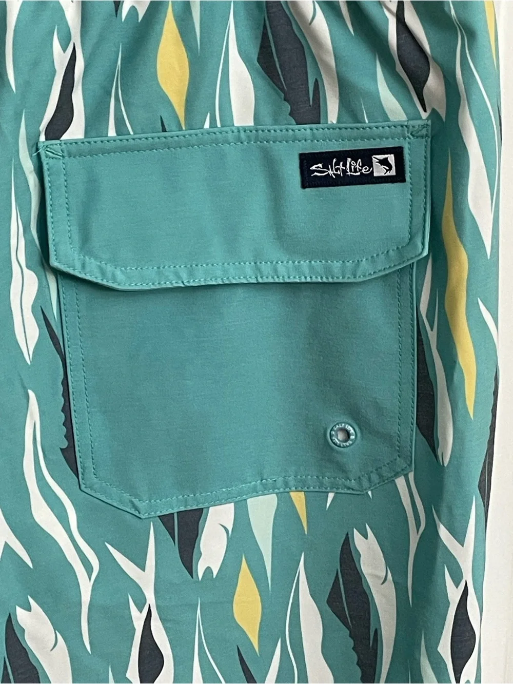 Salt Life Men’s Teal Patterned Swim Trunks with Yellow & Navy Accents